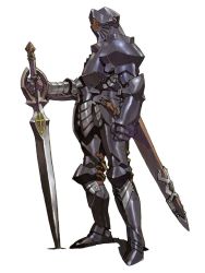 Rule 34 | 1boy, armor, cross, from side, full armor, full body, greatsword, grey (valkyrie profile), holding, holding behind back, male focus, official art, scabbard, sheath, short hair, simple background, solo, standing, sword, valkyrie profile (series), weapon, white background, yoshinari kou, yoshinari you