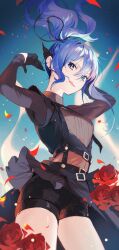 Rule 34 | 1girl, akaike, arms up, belt, blue eyes, blue hair, earrings, floating hair, flower, gloves, hair between eyes, hair ribbon, highres, hololive, hoshimachi suisei, hoshimachi suisei (shout in crisis), jewelry, licking lips, long hair, long sleeves, looking at viewer, official alternate costume, ponytail, ribbon, rose, shorts, single earring, solo, tongue, tongue out, virtual youtuber, waist cape