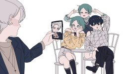 Rule 34 | 4others, alternate costume, bare shoulders, blue hair, bob cut, cairngorm (houseki no kuni), casual, cellphone, chair, crossed legs, diffndk, double v, earrings, green eyes, green hair, hands on own cheeks, hands on own face, highres, houseki no kuni, humanization, jewelry, kneeling, meme, multiple others, other focus, pale skin, parted bangs, phone, phosphophyllite, phosphophyllite (ll), selfie, selfie prank (meme), shirt, short hair, silver hair, simple background, sitting, smartphone, spoilers, table, taking picture, v, white background, yellow shirt