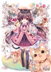 Rule 34 | 1girl, :d, animal, animal ear fluff, animal ears, balloon, bell, black hair, black thighhighs, boots, bow, braid, breasts, brown footwear, capelet, cat, cat ears, cat girl, cat tail, cleavage, commentary request, copyright request, cross-laced footwear, crown, crown braid, flower, frilled skirt, frills, fur-trimmed capelet, fur trim, hair between eyes, highres, jacket, jingle bell, lace-up boots, long hair, long sleeves, medium breasts, mini crown, mouth hold, neck bell, necktie, open mouth, pink jacket, plaid, plaid bow, puffy long sleeves, puffy sleeves, purple bow, purple skirt, red bow, red capelet, red eyes, red necktie, sakurano ru, shirt, signature, skirt, smile, solo, standing, tail, thighhighs, very long hair, virtual youtuber, white cat, white flower, white shirt
