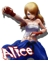 Rule 34 | 1girl, abel (street fighter), abs, aged down, bare shoulders, blonde hair, blue eyes, breasts, character name, clothes around waist, dougi, fighting stance, fingerless gloves, genderswap, genderswap (mtf), gloves, growl f, hair over one eye, long hair, navel, prototype design, sarashi, small breasts, solo, street fighter, street fighter iv (series), twintails