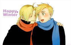 Rule 34 | 2boys, alphonse elric, alternate costume, arms at sides, black shirt, blonde hair, blue neckwear, blue scarf, blush, braid, brothers, close-up, closed eyes, closed mouth, edward elric, english text, facing away, fingernails, fullmetal alchemist, hand on another&#039;s shoulder, happy, high collar, leaning, leaning on person, light smile, long sleeves, looking at another, looking to the side, m (taika01 p), male focus, multiple boys, open mouth, red neckwear, red scarf, scarf, shaded face, shiny skin, shirt, siblings, side-by-side, simple background, smile, tareme, tongue, upper body, white background, winter clothes, yellow eyes