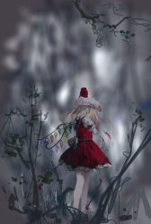Rule 34 | 1girl, absurdres, ascot, bat wings, blonde hair, bow, branch, crystal, flandre scarlet, frilled shirt, frilled shirt collar, frilled skirt, frilled sleeves, frills, from behind, grey background, hat, hat ribbon, highres, mob cap, puffy short sleeves, puffy sleeves, red bow, red eyes, red ribbon, red skirt, red vest, reddizen, ribbon, sash, shirt, short hair, short sleeves, side ponytail, skirt, touhou, tree, vest, white bow, white sash, white shirt, wings, wrist cuffs, yellow ascot
