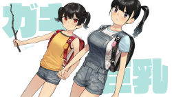 Rule 34 | 2girls, aged down, backpack, bag, black hair, breasts, camisole, child, commentary, crime prevention buzzer, flat chest, grey shorts, highres, holding hands, kaedeko (kaedelic), looking at viewer, medium breasts, multiple girls, oppai loli, original, overalls, purple eyes, randoseru, red eyes, sasaki kanna (kaedeko), sasaki miyuki (kaedeko), short hair, short shorts, short sleeves, shorts, siblings, side ponytail, simple background, sisters, sleeveless, smile, text background, thighs, translated, twintails, white background, yellow camisole
