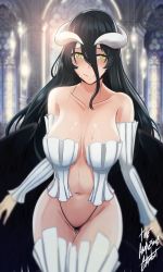 Rule 34 | 1girl, albedo (overlord), bare shoulders, black hair, blush, breasts, demon girl, horns, large breasts, long hair, overlord (maruyama), panties, smile, tagme, the amazing gambit, underwear, yellow eyes