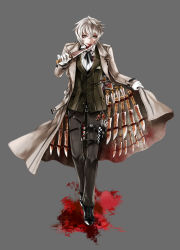 Rule 34 | 1boy, :p, apt, belt, blood, blood on face, brown eyes, coat, full body, gloves, grey background, gyakushuu no fantasica, highres, holding, holding weapon, male focus, official art, pants, silver hair, simple background, smile, solo, tongue, tongue out, weapon, white gloves