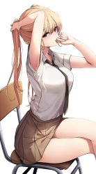 Rule 34 | 1girl, armpits, black eyes, black necktie, blonde hair, brown skirt, chair, ddangbi, finger to mouth, hair between eyes, highres, long hair, looking at viewer, necktie, on chair, original, shirt, short sleeves, simple background, sitting, skirt, thighs, twintails, white background, white shirt