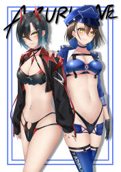 Rule 34 | 2girls, absurdres, azur lane, baltimore (azur lane), baltimore (finish line flagbearer) (azur lane), bikini, black bikini, black choker, black gloves, black hair, black jacket, black nails, blue bikini, blue footwear, blue hat, blue jacket, blue shorts, blush, boots, braid, breasts, brown hair, chest harness, choker, cleavage, closed mouth, clothes writing, collarbone, commentary, copyright name, criss-cross halter, cropped jacket, cross piercing, crossed bangs, crotch zipper, drop shadow, ear piercing, french braid, gloves, groin, hair between eyes, hair ornament, hairclip, halterneck, hand on another&#039;s shoulder, harness, hat, highleg, highleg bikini, highres, horns, jacket, konparu uran, long sleeves, looking at viewer, mechanical horns, medium breasts, micro shorts, mismatched bikini, multicolored hair, multiple girls, nail polish, navel, navel piercing, official alternate costume, open clothes, open jacket, peaked cap, piercing, race queen, red horns, red nails, shadow, short hair, shorts, sidelocks, skindentation, smile, spiked choker, spikes, standing, stomach, swimsuit, thigh boots, ulrich von hutten (azur lane), ulrich von hutten (ignition matrician) (azur lane), white hair, yellow eyes, zipper, zipper bikini
