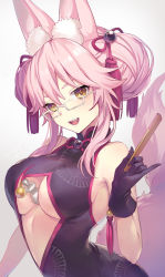Rule 34 | 1girl, animal ear fluff, animal ears, arched back, armpits, bare shoulders, black gloves, breasts, center opening, china dress, chinese clothes, choker, commentary request, dress, earrings, fate/grand order, fate (series), folded fan, folding fan, gloves, hair between eyes, hair ornament, hand fan, jewelry, koyanskaya (chinese lostbelt outfit) (fate), koyanskaya (fate), large breasts, long hair, looking at viewer, open mouth, pink hair, revision, ribbon, ribbon choker, sideboob, sidelocks, solo, tamamo (fate), upper body, very long hair, vivi (eve no hakoniwa), white-framed eyewear, yellow eyes