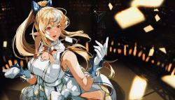 Rule 34 | 1girl, absurdres, audience, bare arms, bare shoulders, blonde hair, breasts, concert, dark-skinned female, dark skin, dress, elf, glowstick, hair ribbon, high ponytail, highres, hololive, idol, large breasts, long hair, maruno ball, multicolored hair, orange eyes, penlight (glowstick), pointy ears, ribbon, shiranui flare, sleeveless, sleeveless dress, smile, solo, stage, stage lights, streaked hair, virtual youtuber, white dress