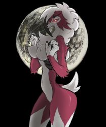 Rule 34 | 1girl, animal ears, black background, breasts, claws, colored sclera, creatures (company), dog ears, dog tail, female focus, from side, furry, furry female, game freak, gen 7 pokemon, glowing, glowing eyes, hands up, highres, large breasts, looking at viewer, lycanroc, moon, navel, nintendo, nipples, personification, pokemon, pokemon (creature), pokemon sm, red sclera, sharp teeth, simple background, smile, solo, standing, tail, teeth, thick thighs, thighs, wan-x3, white eyes