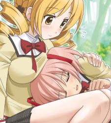 Rule 34 | 10s, 2girls, bare legs, blonde hair, blush, breast rest, breasts, breasts on head, closed eyes, cropped, drill hair, hand on shoulder, kami ryuoo, kaname madoka, lap pillow, mahou shoujo madoka magica, mahou shoujo madoka magica (anime), multiple girls, no legwear, pink hair, school uniform, smile, tomoe mami, tree, twin drills, twintails, yellow eyes, yuri