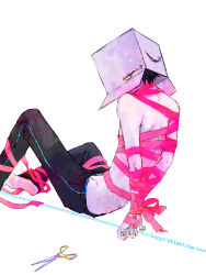 Rule 34 | 1boy, amazon (company), arms behind back, barefoot, bdsm, bondage, bound, bound wrists, bow, box, box on head, male focus, ribbon, scissors, simple background, sitting, solo, topless male, valentine, white background