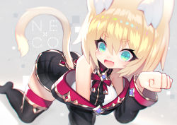 Rule 34 | 1girl, :d, all fours, animal ear fluff, animal ears, bad proportions, bare shoulders, black jacket, black skirt, black thighhighs, blonde hair, blurry, blurry background, breasts, cat ears, cat girl, cat tail, commentary, depth of field, green eyes, hair between eyes, hand up, jacket, large breasts, long sleeves, mamuru, no shoes, open mouth, original, paw pose, pleated skirt, shirt, skirt, smile, solo, tail, tail raised, thick eyebrows, thighhighs, white shirt
