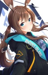 Rule 34 | 1girl, absurdres, amiya (arknights), animal ears, arknights, black jacket, blue eyes, blush, brown hair, commentary, english commentary, from side, hair between eyes, highres, hood, hooded jacket, jacket, long hair, looking at viewer, looking to the side, md5 mismatch, parted lips, ponytail, rabbit ears, rabbit girl, resolution mismatch, sidelocks, solo, source smaller, tiri, upper body, very long hair