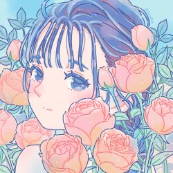 Rule 34 | 1girl, blue eyes, blue hair, blush, braid, braided ponytail, closed mouth, colored eyelashes, commentary, english commentary, flower, highres, hiro046k, long hair, looking at viewer, looking back, original, portrait, red flower, red rose, rose, single braid, smile, solo, split mouth, twitter username