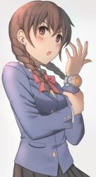 Rule 34 | 1girl, amano natsume, black skirt, blue jacket, blush, bow, bowtie, braid, brown eyes, brown hair, buttons, collared shirt, commentary request, grey background, hair between eyes, hand up, jacket, long hair, nowheresoul, open mouth, pleated skirt, red bow, red bowtie, shirt, simple background, skirt, solo, teeth, tongue, twin braids, uniform, upper teeth only, white shirt, wristband, youkai watch, youkai watch shadowside