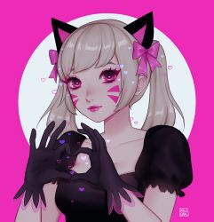 Rule 34 | 1girl, animal ears, artist logo, artist name, black cat d.va, black dress, black gloves, blonde hair, bow, breasts, cat ears, closed mouth, commentary, d.va (overwatch), dress, facepaint, facial mark, gloves, heart, heart-shaped pupils, heart hands, looking at viewer, medium breasts, official alternate costume, overwatch, overwatch 1, pink background, pink bow, pink eyes, pink lips, puffy short sleeves, puffy sleeves, purple eyes, shari cote, short sleeves, solo, symbol-shaped pupils, twintails, upper body, whisker markings