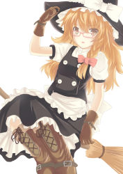 Rule 34 | 1girl, bad id, bad pixiv id, bespectacled, blonde hair, blush, boots, broom, broom riding, glasses, gloves, hat, kirisame marisa, looking at viewer, mizunashi kenichi, simple background, solo, touhou, white background, witch hat