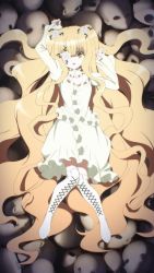 Rule 34 | 1girl, absurdly long hair, arms up, blonde hair, boots, cross-laced footwear, dress, flower, flower over eye, frilled dress, frills, full body, hair flower, hair ornament, highres, kirakishou, knee boots, lace-up boots, long hair, long sleeves, looking at viewer, open mouth, rose, rozen maiden, sleeves past wrists, solo, twintails, unknown showhey, very long hair, wavy hair, white dress, white flower, white footwear, white rose, yellow eyes