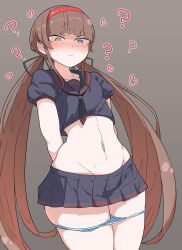 Rule 34 | 1girl, ?, absurdres, arms behind back, black serafuku, blush, brown hair, cowboy shot, crop top, grey background, hairband, heart, heterochromia, highres, hip bones, hypnosis, inaiti ina, light frown, long hair, looking down, low twintails, microskirt, mind control, navel, nose blush, panties, panty pull, red hairband, revealing clothes, ryoubi (senran kagura), school uniform, senran kagura, serafuku, skirt, solo, squinting, stomach, thighs, twintails, underwear, very long hair