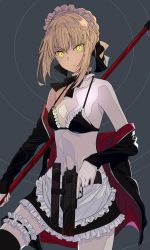 Rule 34 | 1girl, absurdres, apron, artoria pendragon (alter swimsuit rider) (fate), artoria pendragon (alter swimsuit rider) (second ascension) (fate), artoria pendragon (fate), bare shoulders, bikini, bikini top only, black bikini, black jacket, black ribbon, black skirt, blonde hair, braid, breasts, choker, closed mouth, commentary request, fate/grand order, fate (series), french braid, frilled bikini, frilled choker, frilled skirt, frills, gun, hair between eyes, hair bun, hair ribbon, highres, holding, holding gun, holding mop, holding weapon, jacket, jacket partially removed, long sleeves, looking at viewer, maid, maid bikini, maid headdress, mop, navel, neck ribbon, ribbon, short hair, sidelocks, single hair bun, skirt, small breasts, solo, swimsuit, unconventional maid, waist apron, weapon, white apron, white headwear, xtango, yellow eyes