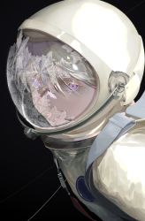 Rule 34 | 1girl, astronaut, black background, chromatic aberration, closed mouth, commentary, english commentary, expressionless, eyelashes, hair between eyes, helmet, highres, ice, looking at viewer, nmuinium, original, purple eyes, rope, simple background, snowflakes, solo, space, space helmet, spacesuit, strap, transparent, upper body, white hair