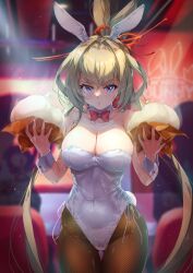 Rule 34 | animal ears, baozi, black pantyhose, blonde hair, blue eyes, bow, bowtie, breasts, cleavage, detached collar, fishnet pantyhose, fishnets, food, highres, holding, large breasts, leotard, low twintails, masamune (monster strike), monster strike, pantyhose, playboy bunny, rabbit ears, rabbit tail, red bow, red bowtie, setomi sora, tail, twintails, white leotard, wrist cuffs