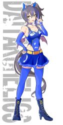 Rule 34 | 1girl, absurdres, animal ears, belt, black hair, blue choker, blue hair, blue leotard, blue skirt, blue sleeves, blue thighhighs, blue wings, boots, bracelet, breasts, character name, choker, cleavage, closed mouth, commentary request, cross-laced footwear, daitaku helios (devil in the moonlight) (umamusume), daitaku helios (umamusume), demon horns, ear covers, facial mark, full body, halloween costume, hand on own hip, high heel boots, high heels, highleg, highleg leotard, highres, horns, horse ears, horse girl, horse tail, jewelry, lace-up boots, leotard, looking at viewer, low wings, medium breasts, medium hair, miniskirt, multicolored hair, \\n/, nail polish, official alternate costume, partial commentary, side ponytail, skirt, sleeveless, smile, solo, standing, star (symbol), star choker, streaked hair, tail, text background, thighhighs, two-tone hair, umamusume, wakkigen, white background, wings, yellow belt, yellow eyes