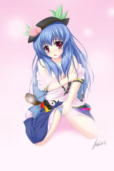Rule 34 | 1girl, amicis, bare shoulders, blue hair, grabbing another&#039;s breast, breasts, female focus, female masturbation, fingering, food, fruit, grabbing, hat, hinanawi tenshi, leaf, long hair, masturbation, panties, peach, red eyes, grabbing own breast, shoes, solo, touhou, underwear