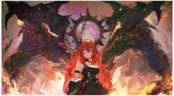 Rule 34 | 1girl, absurdres, arknights, bare shoulders, black dress, border, breasts, closed mouth, commentary, cowboy shot, detached collar, dress, hair between eyes, highres, horns, koko sasuwo, large breasts, long hair, looking at viewer, looking down, purple eyes, red hair, solo, surtr (arknights), white border