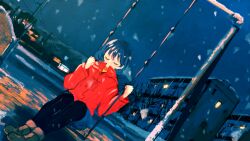 Rule 34 | 1girl, black pantyhose, blue hair, brown footwear, building, closed eyes, commentary request, dutch angle, highres, inami hatoko, jacket, long sleeves, making-of available, night, original, outdoors, pantyhose, pantyhose under shorts, power lines, red jacket, short hair, shorts, sitting, snow, solo, swing set, tree, u u, utility pole, winter