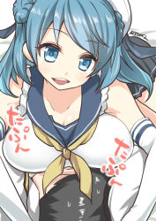 Rule 34 | 10s, 1boy, 1girl, absurdres, admiral (kancolle), bare shoulders, beret, black hair, blue eyes, blue hair, breast smother, breasts, cleavage, face to breasts, hat, hetero, highres, kantai collection, large breasts, long hair, necktie, open mouth, ryuki (ryukisukune), school uniform, serafuku, sleeveless, smile, urakaze (kancolle), white hat