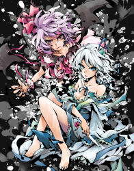 Rule 34 | 2girls, bad id, bad pixiv id, bare shoulders, barefoot, blue dress, claw pose, dain, dress, expressionless, female focus, izayoi sakuya, knees up, light purple hair, looking at viewer, multiple girls, puffy short sleeves, puffy sleeves, remilia scarlet, short sleeves, silver hair, toes, touhou