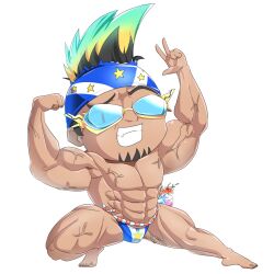 Rule 34 | 1boy, abs, biceps, black hair, blue headband, blue male swimwear, character request, chibi, cocktail, commentary request, facial hair, flexing, full body, goatee, green hair, grin, headband, hop step jumpers, lets0020, looking at viewer, male focus, male swimwear, mohawk, multicolored hair, muscular, muscular male, simple background, smile, solo, swim briefs, swim goggles, transparent background, veins