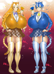 Rule 34 | 2girls, animal ear fluff, animal ears, animal print, aqua eyes, bad anatomy, blazer, blonde hair, blue flower, blue footwear, blue jacket, blue legwear, blue panties, blue rose, blue skirt, bolo tie, bow, bowtie, breasts, brown skirt, collared shirt, covered erect nipples, curvy, dxcxc, flower, garter straps, gigantic breasts, golden tabby tiger (kemono friends), gradient background, hand on own hip, hand up, high-waist skirt, holding, holding flower, jacket, kemono friends, lavender neckwear, legs, light particles, long sleeves, looking at viewer, maltese tiger (kemono friends), miniskirt, multicolored hair, multiple girls, panties, petals, pleated skirt, plump, print legwear, rose, shiny clothes, shiny skin, shirt, skindentation, skirt, sleeve cuffs, slit pupils, smile, sparkle, standing, streaked hair, striped tail, tail, thick thighs, thighhighs, thighs, tiger ears, tiger girl, tiger print, tiger tail, underwear, unmoving pattern, white shirt, wing collar, yellow eyes, yellow flower, yellow footwear, yellow jacket, yellow legwear, yellow neckwear, yellow panties, yellow rose