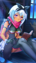 Rule 34 | 1girl, black cat, black gloves, black ribbon, blue hair, blush, book, breasts, cat, dark-skinned female, dark skin, frills, gloves, grey thighhighs, hair ribbon, highres, holding, holding book, indoors, irma (queen&#039;s blade), irma (queen&#039;s blade unlimited), knees up, medium breasts, moon, night, official art, on floor, pink eyes, purple scarf, queen&#039;s blade, queen&#039;s blade unlimited, queen&#039;s blade white triangle, revealing clothes, ribbon, scarf, short hair, sitting, solo, thighhighs, underboob, window