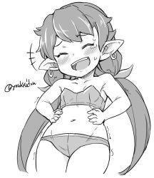 Rule 34 | 1girl, blush, cropped legs, ear blush, earrings, female focus, granblue fantasy, greyscale, hands on own stomach, harvin, jewelry, jingai modoki, laughing, low twintails, ludmila (granblue fantasy), monochrome, navel, pointy ears, solo, strapless, tube top, twintails, twitter username