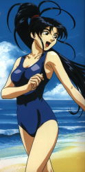 Rule 34 | 1990s (style), 1girl, beach, black hair, cloud, day, highres, long hair, masaki achika, ocean, one-piece swimsuit, outdoors, ponytail, retro artstyle, solo, swimsuit, tenchi muyou!, tenchi muyou! in love