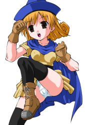 Rule 34 | 1girl, alena (dq4), alternate legwear, black thighhighs, blue cloak, blue hat, boots, breasts, brown eyes, brown footwear, brown gloves, cameltoe, chunsoft, cleft of venus, cloak, collarbone, covered erect nipples, dragon quest, dragon quest iv, dress, enix, fighting stance, gloves, hat, long hair, orange hair, panties, sakemasu, short sleeves, small breasts, solo, square enix, standing, standing on one leg, thighhighs, underwear, upskirt, white background, white panties, witch hat, yellow dress