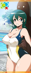 Rule 34 | 1girl, breasts, cleavage, competition swimsuit, covered erect nipples, green eyes, green hair, highres, huge breasts, one-piece swimsuit, original, poolside, shadow, short hair, swimsuit, wide hips, yunioshi