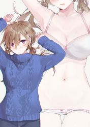 Rule 34 | 1girl, absurdres, aran sweater, arms up, black pants, blue sweater, blush, bow, bow bra, bow panties, bra, breasts, brown hair, cable knit, cleavage, closed mouth, collarbone, commentary, glasses, grey background, hair between eyes, head out of frame, highres, long hair, long sleeves, looking at viewer, low twintails, medium breasts, multiple views, navel, original, panties, pants, panty pull, parted lips, red eyes, simple background, sleeves past wrists, sweat, sweater, symbol-only commentary, tomozero, turtleneck, turtleneck sweater, twintails, underwear, white bra, white panties