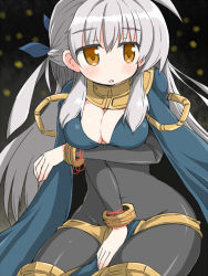 Rule 34 | 1girl, blush, bodysuit, bracelet, breast hold, breast rest, breasts, cape, cleavage, dark mage (fire emblem awakening), fire emblem, fire emblem: radiant dawn, hair ribbon, half updo, jewelry, long hair, micaiah (fire emblem), naitou kouse, nintendo, official alternate costume, open mouth, ribbon, shiny clothes, silver hair, solo, yellow eyes