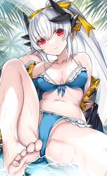 Rule 34 | 1girl, bare shoulders, barefoot, bikini, blue bikini, blush, breasts, cleavage, closed mouth, collarbone, commentary request, dragon girl, dragon horns, fate/grand order, fate (series), feet, hair ornament, highres, horns, kiyohime (fate), large breasts, long hair, long sleeves, looking at viewer, morizono shiki, navel, off shoulder, ponytail, red eyes, sitting, smile, solo, stomach, swimsuit, thighs, toes, water, wet, white hair