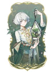 Rule 34 | 1boy, alchemy stars, arm up, beads, closed mouth, clothes around waist, coat, flower, green coat, grey hair, hand up, high collar, highres, jewelry, long sleeves, looking at viewer, male focus, necklace, off shoulder, plaid, plaid skirt, ruint, shirt, short hair, skirt, smile, solo, sylva (alchemy stars), terrarium, upper body, white shirt, yellow eyes