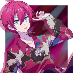 Rule 34 | 1boy, ahoge, blue eyes, border, chain, chain necklace, jewelry, long sleeves, looking at viewer, male focus, multicolored clothes, necklace, pink hair, rhodi (technoroid), shenaa, short hair, skull necklace, solo, technoroid, white background, white border