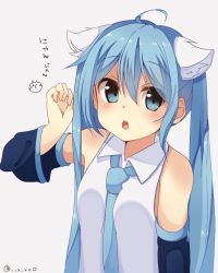 Rule 34 | 1girl, animal ears, aqua eyes, aqua hair, bad id, bad pixiv id, cat ears, cherii (cherry sister), detached sleeves, hatsune miku, long hair, necktie, open mouth, paw pose, simple background, solo, twintails, twitter username, upper body, vocaloid