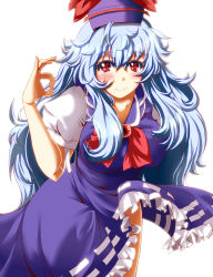Rule 34 | 1girl, blue dress, blue hair, blush, breasts, clothes lift, collarbone, dress, dress lift, female focus, gesture, hat, highres, kamishirasawa keine, large breasts, long hair, looking at viewer, neckerchief, ok sign, puffy sleeves, red eyes, shirt, short sleeves, simple background, smile, solo, touhou, white background, zan (harukahime)