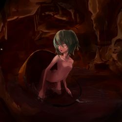 Rule 34 | 1girl, bad id, bad pixiv id, bucket, dark, female focus, flat chest, green hair, in bucket, in container, kisume, kusakanmuri, nude, solo, touhou, water, white eyes