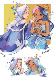 Rule 34 | 2girls, absurdres, blue nails, blush, chibi, cookie run, closed eyes, flooofpaca, frost queen cookie, hand on another&#039;s cheek, hand on another&#039;s face, highres, long hair, multiple girls, nail polish, one eye closed, open mouth, sea fairy cookie